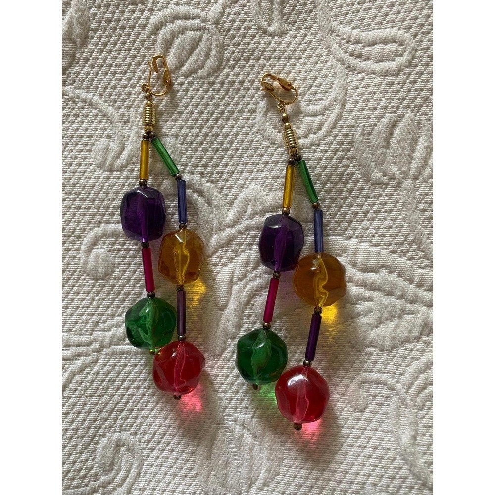 Colorblock Beaded Dangle Clip-On Earrings Vintage Y2K